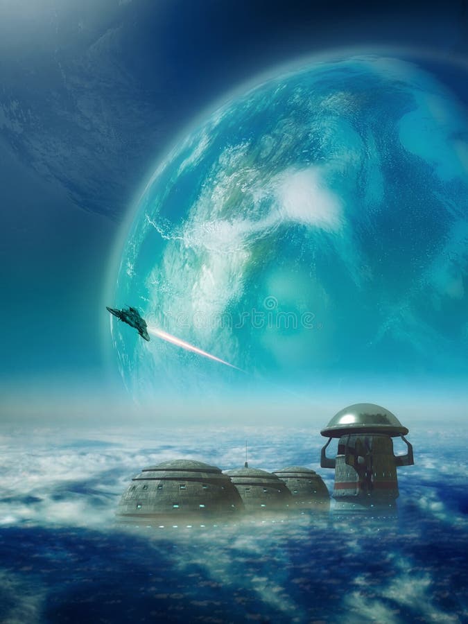 Krajobraz obcy z kilkoma planetami ze stacją kosmiczną ilustracji