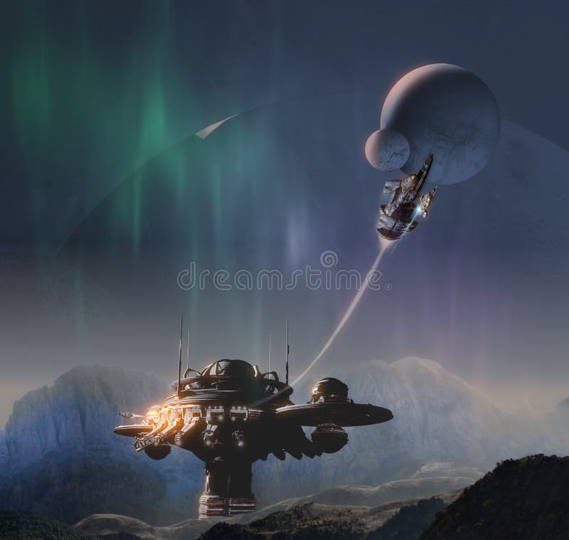 Krajobraz obcy z kilkoma planetami ze stacją kosmiczną royalty ilustracja