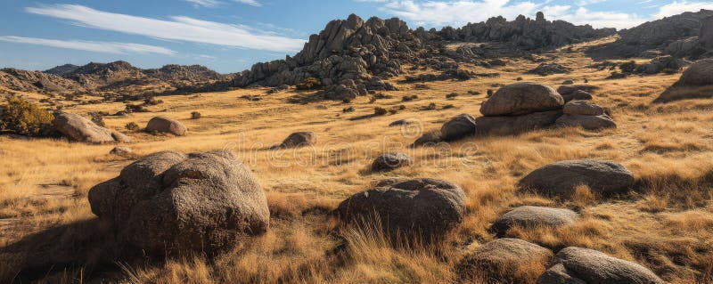 Krajobraz skalisty z suchymi użytkami zielonymi i widokiem scenicznym dramatycznego nieba. koncepcja piękna przyrodniczego i dzikiej przyrody. wygenerowane przez ai