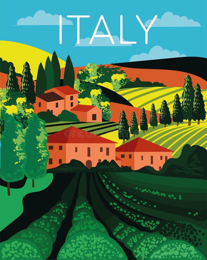 Italian country landscape in rolling hills with farm fields filled with green crops and red roofed farm buildings amongst cypress trees, colored vector illustration. Italian country landscape in rolling hills with farm fields filled with green crops and red roofed farm buildings amongst cypress trees, colored vector illustration