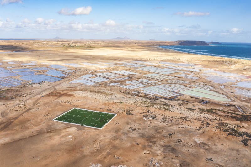 Landscape with ocean, salinas and sports field in Sal, Cape Verde Islands, Africa. Landscape with ocean, salinas and sports field in Sal, Cape Verde Islands, Africa