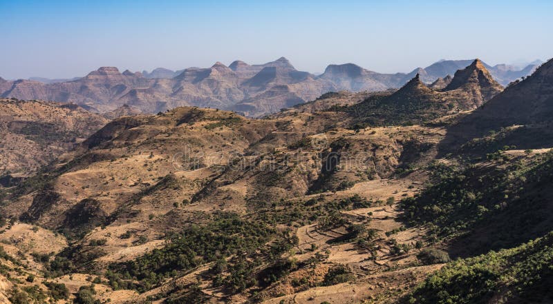 Landscape view of the Simien Mountains National Park in Northern Ethiopia on the way to Axum, Africa
