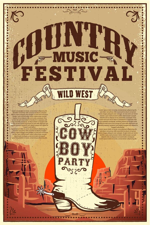 Country music festival poster. Party flyer with cowboy boots. Design element for poster, card, label, sign, card, banner. Vector image. Country music festival poster. Party flyer with cowboy boots. Design element for poster, card, label, sign, card, banner. Vector image