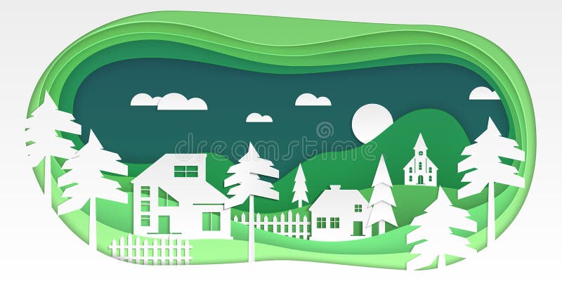 Country landscape - modern vector paper cut illustration on white background. High quality green unusual composition with buildings, trees, clouds, mountain, church. Perfect for presentations, banners. Country landscape - modern vector paper cut illustration on white background. High quality green unusual composition with buildings, trees, clouds, mountain, church. Perfect for presentations, banners
