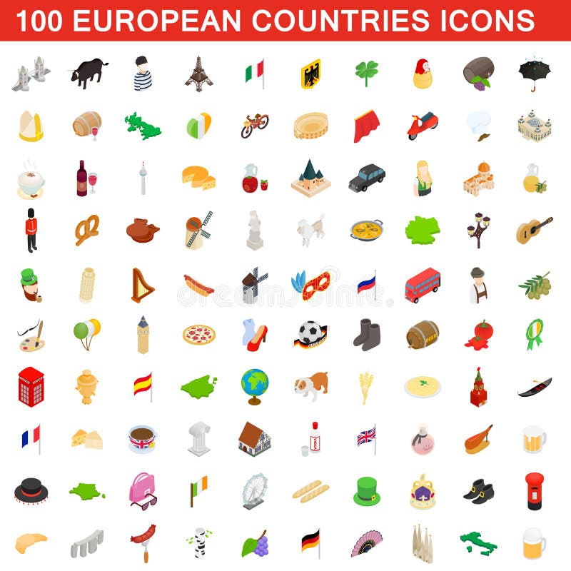 100 krajów europejskich ikon ustawiających, isometric styl royalty ilustracja 100 krajów europejskich ikon ustawiających, isometric styl royalty ilustracja