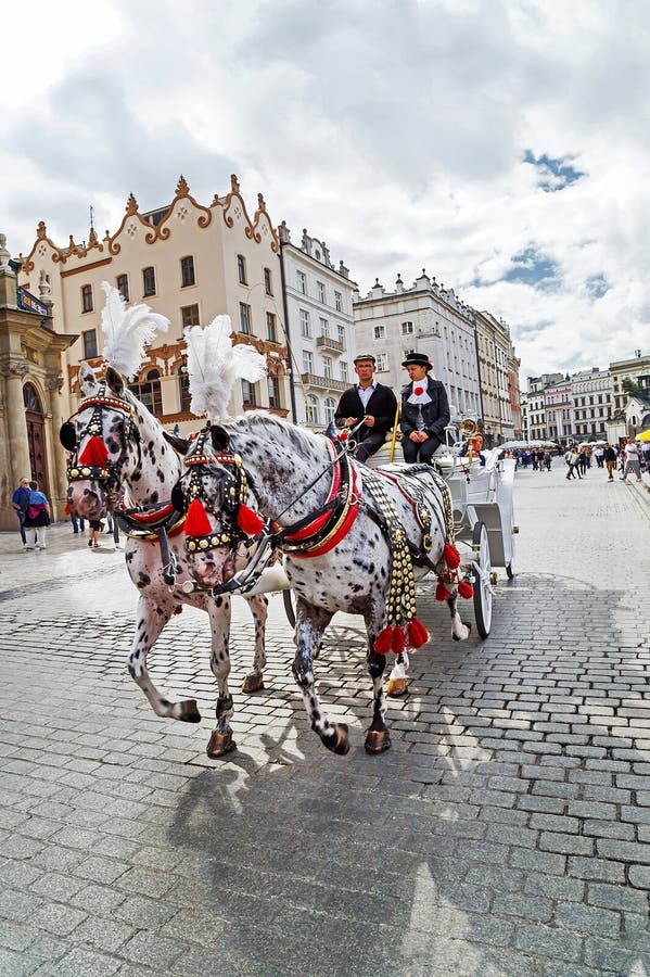 Krakau, Polen †„12 September, 2015: Schilderachtig paardvervoer royalty-vrije stock fotografie Krakau, Polen †„12 September, 2015: Schilderachtig paardvervoer royalty-vrije stock fotografie