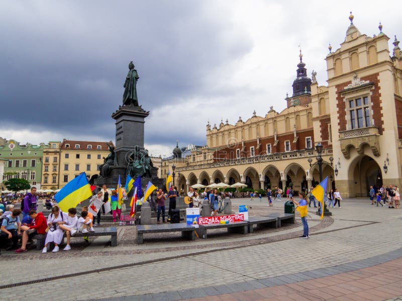 Krakow, Poland - August 12, 2022: `Protest NATO close the sky` for Ukraine in Market Square. Krakow, Poland - August 12, 2022: `Protest NATO close the sky` for Ukraine in Market Square