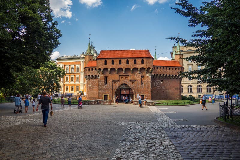 Krakow, Poland - July 2017: Medieval building of Barbakan. Krakow, Poland - July 2017: Medieval building of Barbakan