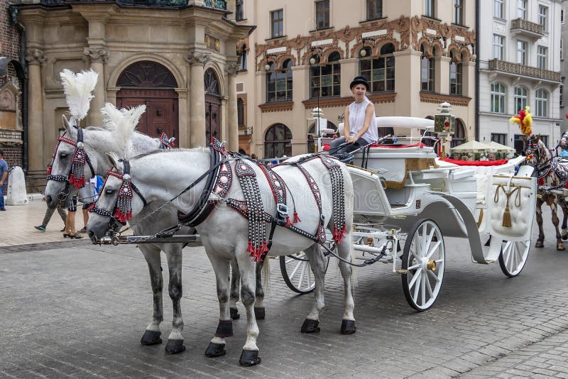 Krakow, Poland June 5, 2018 Horse Carriages at Main Square in Krakow