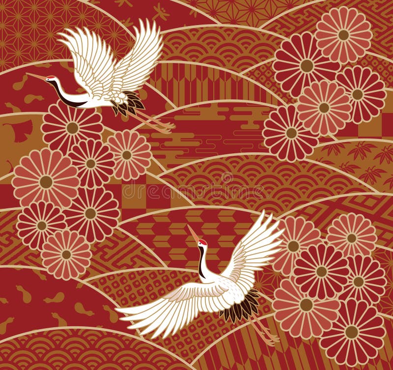 Kranar och japansk traditionell vågmodell för krysantemum stock illustrationer Kranar och japansk traditionell vågmodell för krysantemum stock illustrationer