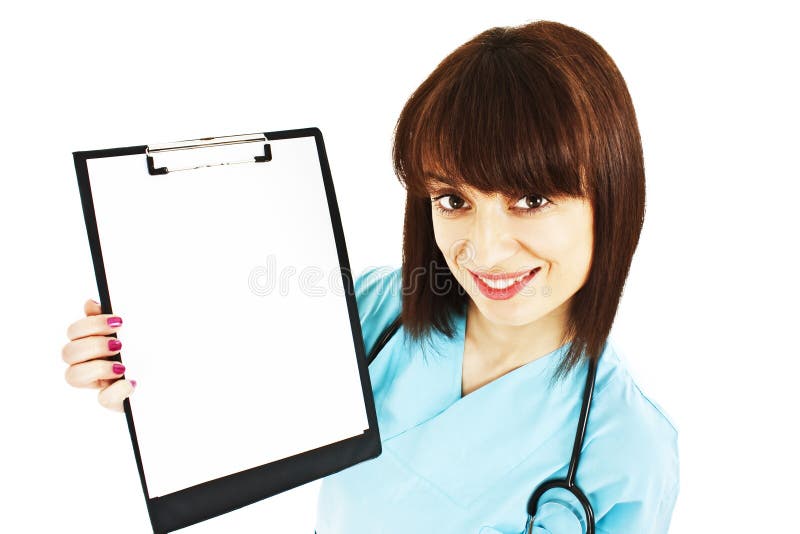 Krankenschwester/Doktor, der unbelegtes Klemmbrettzeichen zeigt lizenzfreie stockbilder