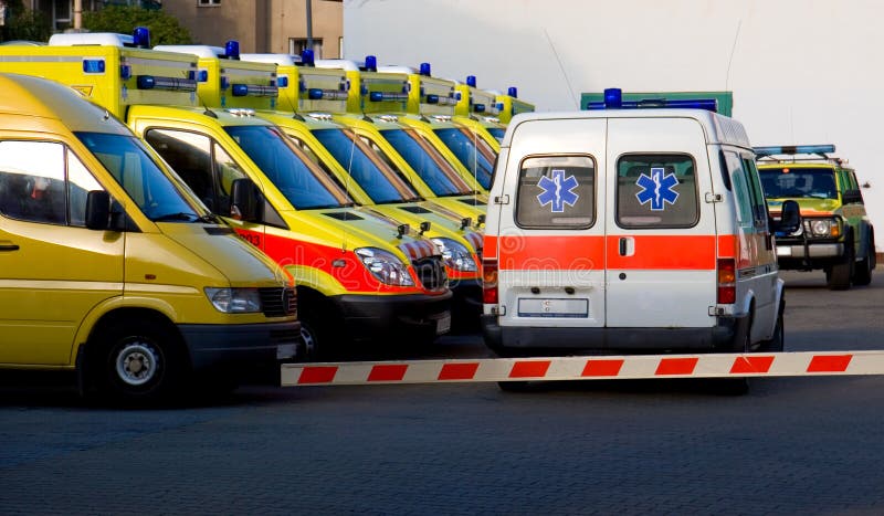 Ambulance cars at the parking lot. Ambulance cars at the parking lot