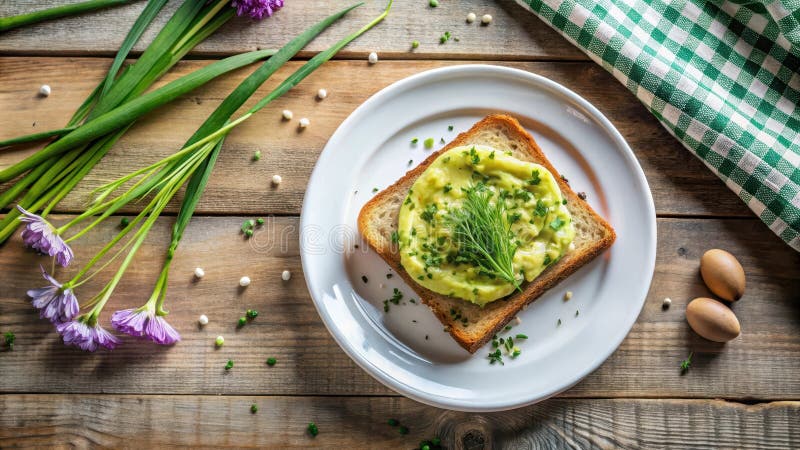 Kraut und Avocado Toast auf rustikalem Holz. Generative AI stock abbildung