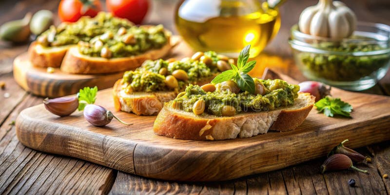 Kraut und Bohnenbruschetta auf rustikalem Holzbrett. Generative AI lizenzfreie abbildung