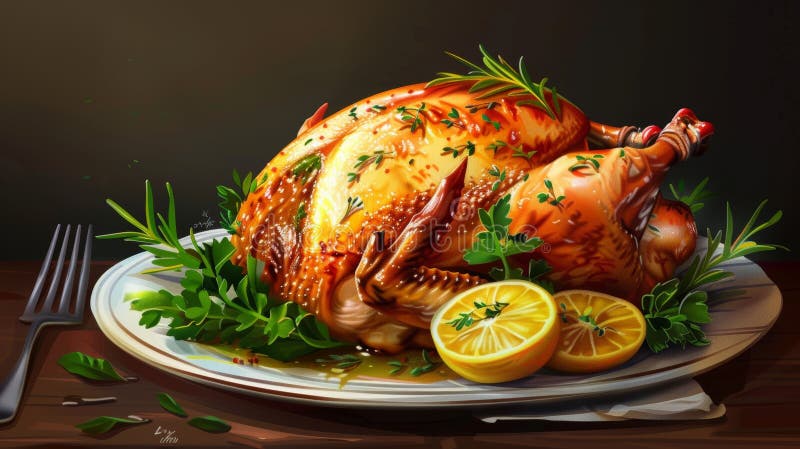 Kraut und Zitrone geröstetes ganzes Huhn mit realistischer Darstellung in der Lebensmittelfotografie stock abbildung