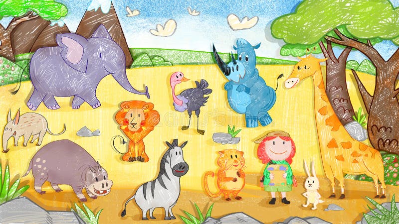 Krayon afryka zwierzęta żyjące w użytkach zielonych. leopard aardvark rhinoceros hippo strusia giraffe zebra lwik słonia. ilustracja wektor