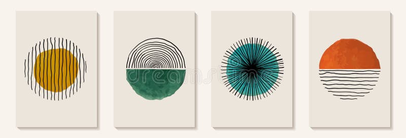 Kreativa minimalistiska handmålade abstrakt konsbakgrund med vattenfärgstav och handritad doodle-klobel cirkel. utformning för
