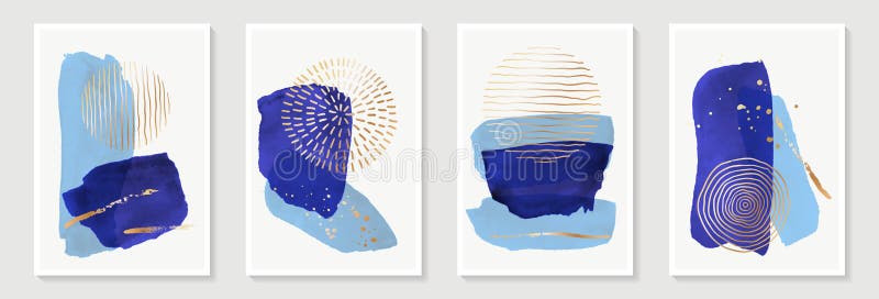 Kreativa minimalistiska handmålade abstrakta konsthistorier med blå vattenfärgstreck och handritad doodla gyllene färgskript stock illustrationer