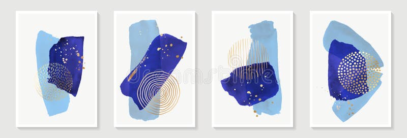 Kreativa minimalistiska handmålade abstrakta konsthistorier med blå vattenfärgstreck och handritad doodla gyllene färgskript stock illustrationer