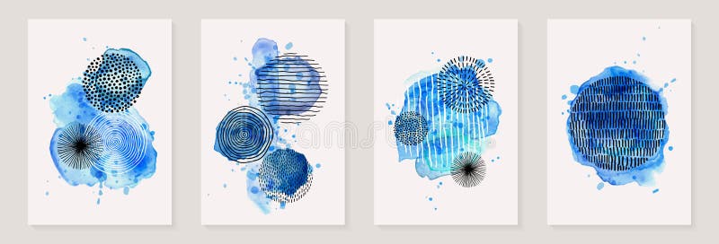 Kreativa minimalistiska handmålade abstrakta konsthistorier med blå vattenfärgstreck och handritad doodla gyllene färgskript stock illustrationer
