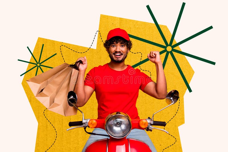 Kreativa teckningssamlingar av lyckliga postarbetare som håller paket med cafe-leveranstjänster med retro vespa moped arkivfoton