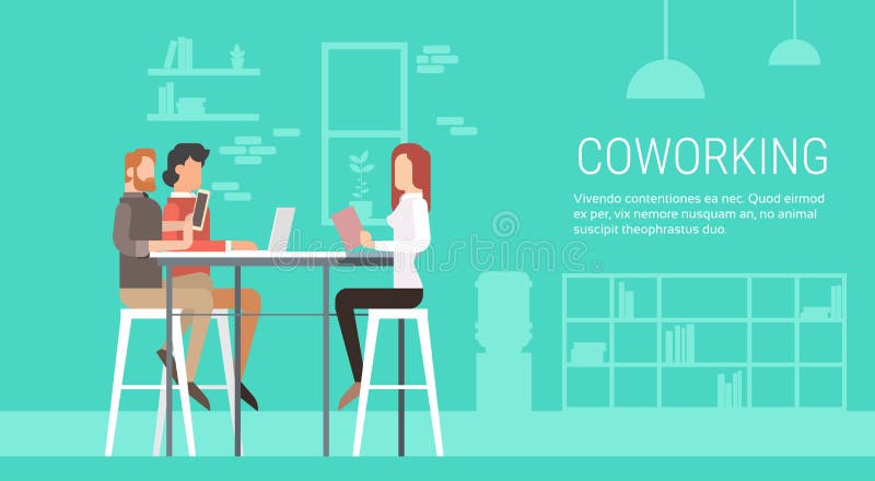 Kreative Büro Coworking-Mitte-Leute-sitzender Schreibtisch zusammen, Studenten-Universitätsgelände vektor abbildung Kreative Büro Coworking-Mitte-Leute-sitzender Schreibtisch zusammen, Studenten-Universitätsgelände vektor abbildung