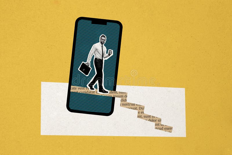 Creative collage picture young successful man going downwards stairs diplomat businessman entrepreneur smartphone screen. Creative collage picture young successful man going downwards stairs diplomat businessman entrepreneur smartphone screen.