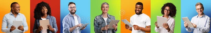 Kreative Collage mit verschiedenen multiethnischen Menschen, die digitale Tablets verwenden lizenzfreies stockfoto