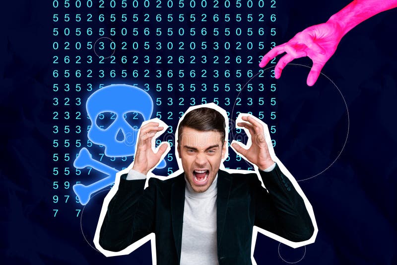 Kreative Collage von traurigen angsterregenden Mann schreien Hand Skelett Gefahr Gefahr Hacker stehlen Daten bizarre ungewöhnliche stockfoto
