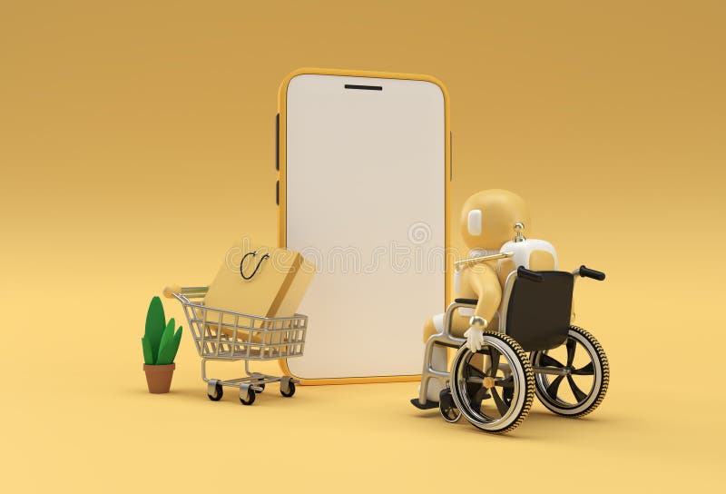 Kreative 3D Rendering mobile Online-Shopping-Mockup mit Astronaut im Rollstuhl Web-Banner Marketing-Material Präsentation online stock abbildung