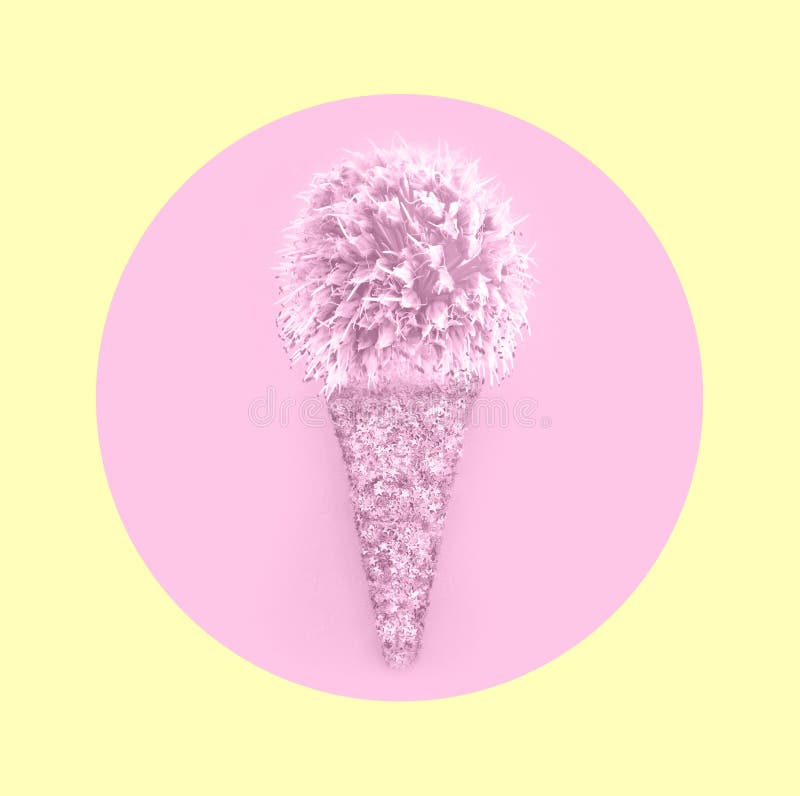 Kreative Eistüte gemacht von den Konfettis mit Blumenzwiebel im rosa Kreis auf gelbem Pastellhintergrund Modisches minimales Pop-