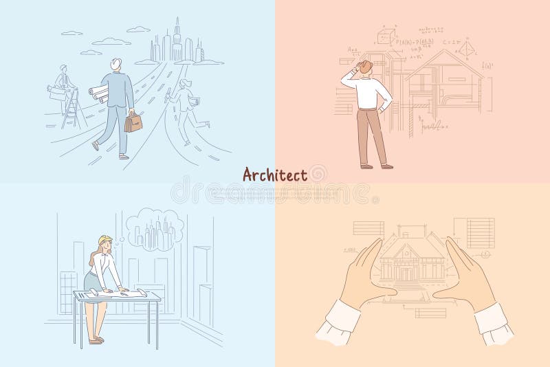 Kreativer Arbeitsprozess des Architekten, Mann, der in Richtung zum zukünftigen Stadtprojekt, Frau entwirft Stadtbildfahne geht lizenzfreie abbildung Kreativer Arbeitsprozess des Architekten, Mann, der in Richtung zum zukünftigen Stadtprojekt, Frau entwirft Stadtbildfahne geht lizenzfreie abbildung