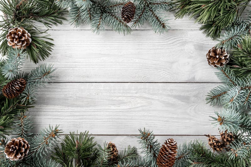 Kreativer Planrahmen gemacht von den Weihnachtsbaumasten und von den Kiefernkegeln auf weißem Hintergrund Weihnachts- und des neu lizenzfreie stockfotos