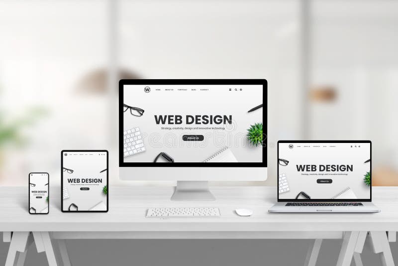 Kreativer Webdesignstudioschreibtisch mit verschiedenen Geräten und entgegenkommendem Gerätschirmen Webseitenkonzept auf