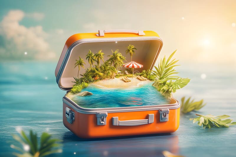 Kreatives Urlaubskonzept mit einer tropischen Insellandschaft, verpackt in einem klassischen Koffer. generative Hilfe stockfoto