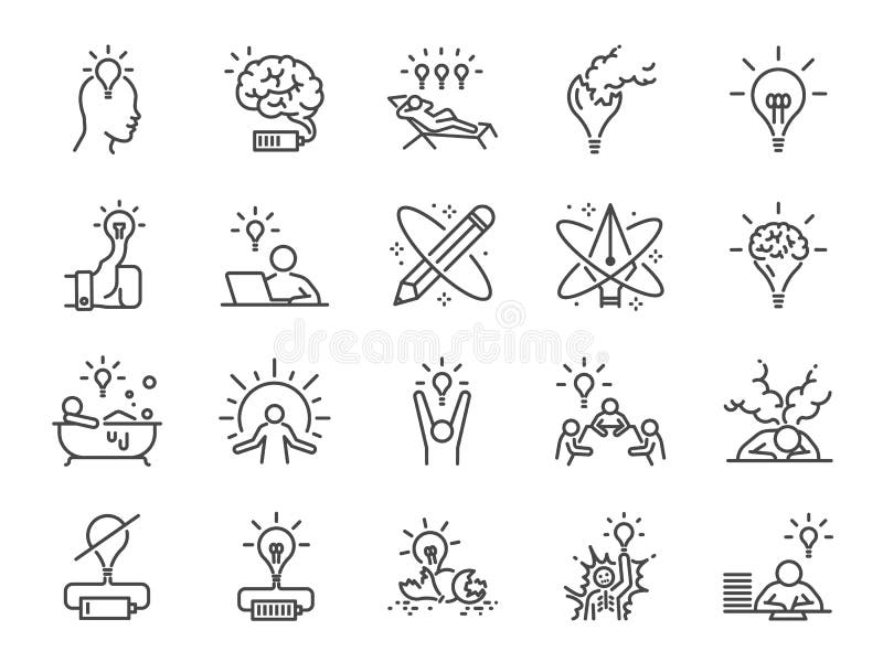 Kreativitäts-Ikonensatz Enthaltene Ikonen als Inspiration, Idee, Gehirn, Innovation, Fantasie und mehr lizenzfreie abbildung Kreativitäts-Ikonensatz Enthaltene Ikonen als Inspiration, Idee, Gehirn, Innovation, Fantasie und mehr lizenzfreie abbildung