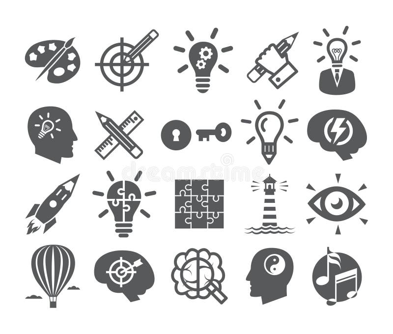 Kreativitätsikonen stellten Ikonen für Inspiration, Idee, Gehirn, Fantasie, Lösen von Problemen, Sinnesenergie ein vektor abbildung Kreativitätsikonen stellten Ikonen für Inspiration, Idee, Gehirn, Fantasie, Lösen von Problemen, Sinnesenergie ein vektor abbildung