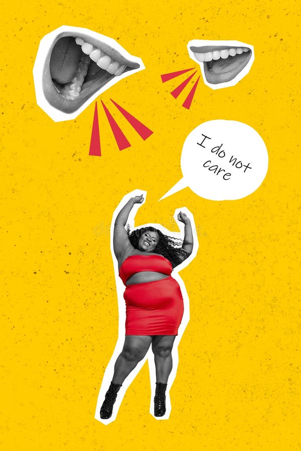 Creative art collage of confident independent oversize woman dont care ignore abusive voices big flying mouths lips bodypositive concept. Creative art collage of confident independent oversize woman dont care ignore abusive voices big flying mouths lips bodypositive concept.