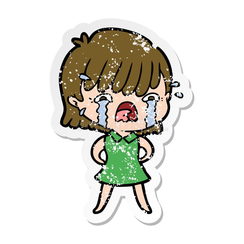 An original creative distressed sticker of a cartoon girl crying. An original creative distressed sticker of a cartoon girl crying