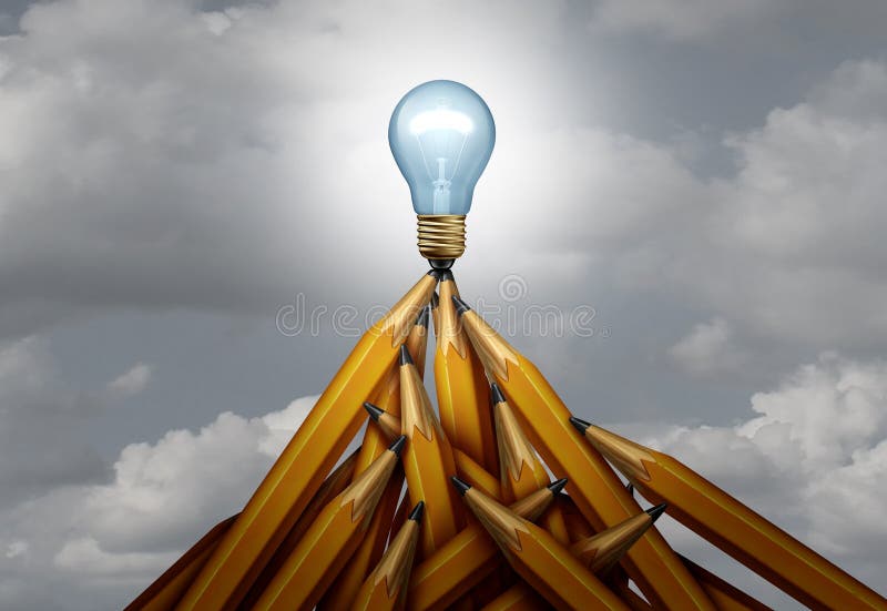 Creative peak and creativity height of success concept as a group of pencils shaped as a high mountain with a glowing light bulb on top as a 3D render. Creative peak and creativity height of success concept as a group of pencils shaped as a high mountain with a glowing light bulb on top as a 3D render.