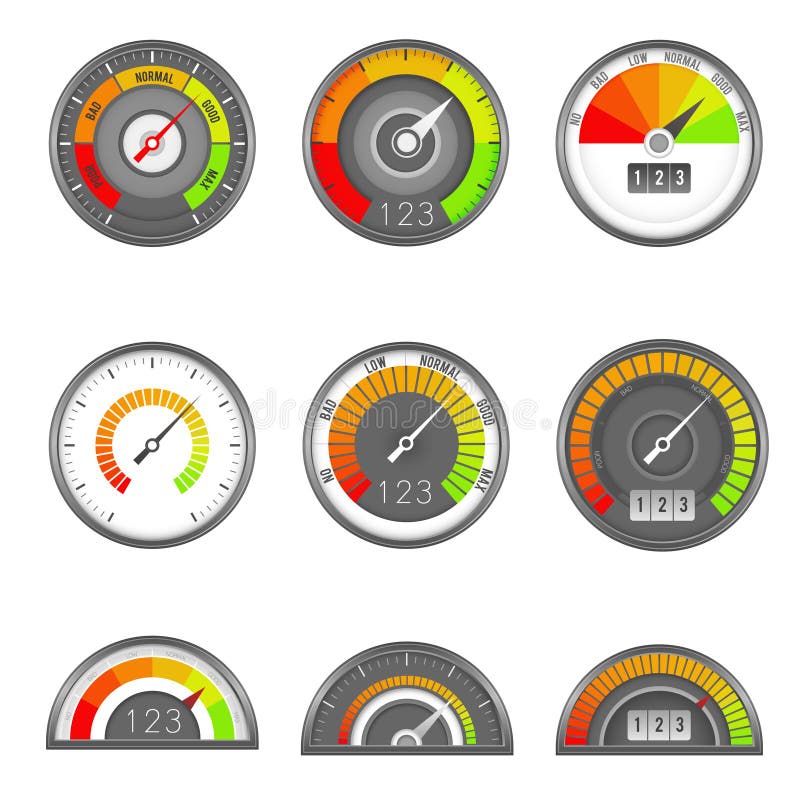 Credit indicator. Speedometer score gauge level scale, indicator rate dial, measure rating manometer graph minimum high, vector flat indicate progression measurements illustration. Credit indicator. Speedometer score gauge level scale, indicator rate dial, measure rating manometer graph minimum high, vector flat indicate progression measurements illustration