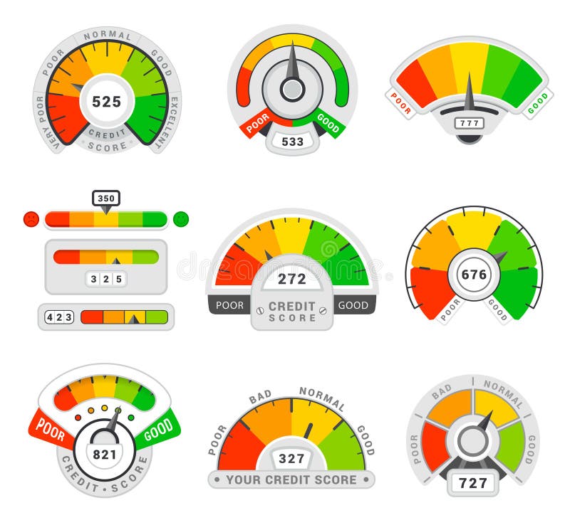 Credit score indicators  ranges  gauges set. Estimation of likelihood of repaying new debt. Loan level measurement  financial pressure display  maximum  minimum. Vector collection isolated on white. Credit score indicators  ranges  gauges set. Estimation of likelihood of repaying new debt. Loan level measurement  financial pressure display  maximum  minimum. Vector collection isolated on white