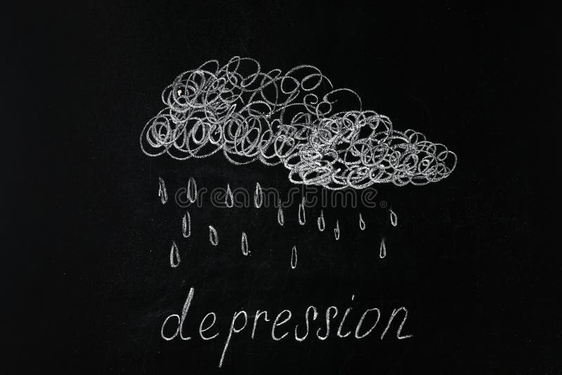 Kredowy rysunek padać chmurę nad słowo depresją