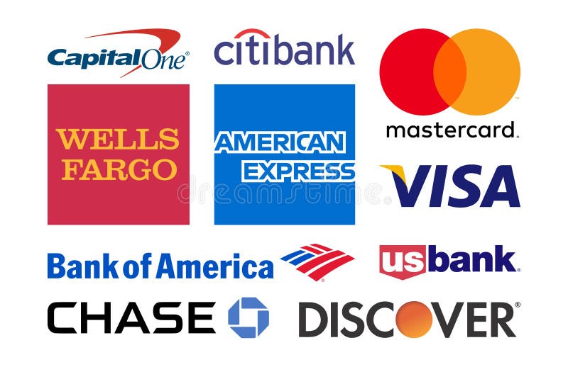 Collections a vector illustration of Most Popular Credit Cards, visa, citibank, capitalone, discover, mastercard, wells fargo, american express, us bank, chase, bank of america, isolated on white background. Collections a vector illustration of Most Popular Credit Cards, visa, citibank, capitalone, discover, mastercard, wells fargo, american express, us bank, chase, bank of america, isolated on white background