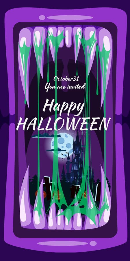 Kreepy Halloween party banner eng monster tanden kaak in mondspuin closeup dark castle pumpkins cemetera vector illustratie Kreepy Halloween party banner eng monster tanden kaak in mondspuin closeup dark castle pumpkins cemetera vector illustratie