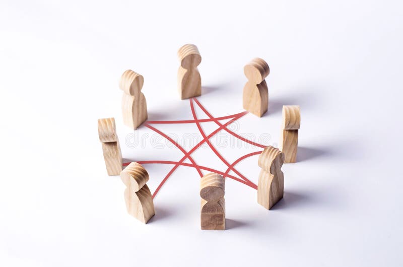 Kreis von den Leuten untereinander verbunden durch rote Kurvenlinien Zusammenarbeit, Teamwork, Training Personal, Gemeinschaftssi