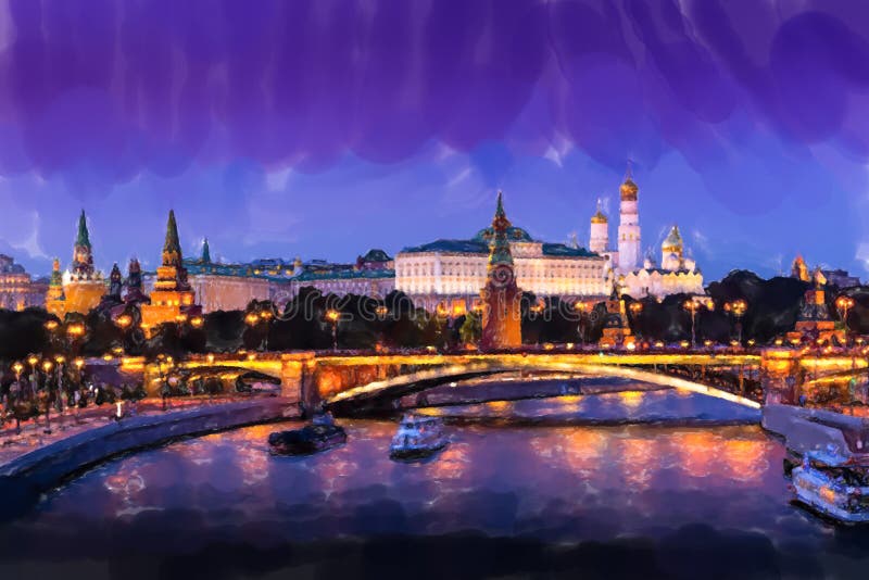 Kremlin iluminado em Moscou, embaixamento do Kremlin e rio Moscou à noite em Moscou, Rússia Estilo de Aquarela ilustração stock Kremlin iluminado em Moscou, embaixamento do Kremlin e rio Moscou à noite em Moscou, Rússia Estilo de Aquarela ilustração stock