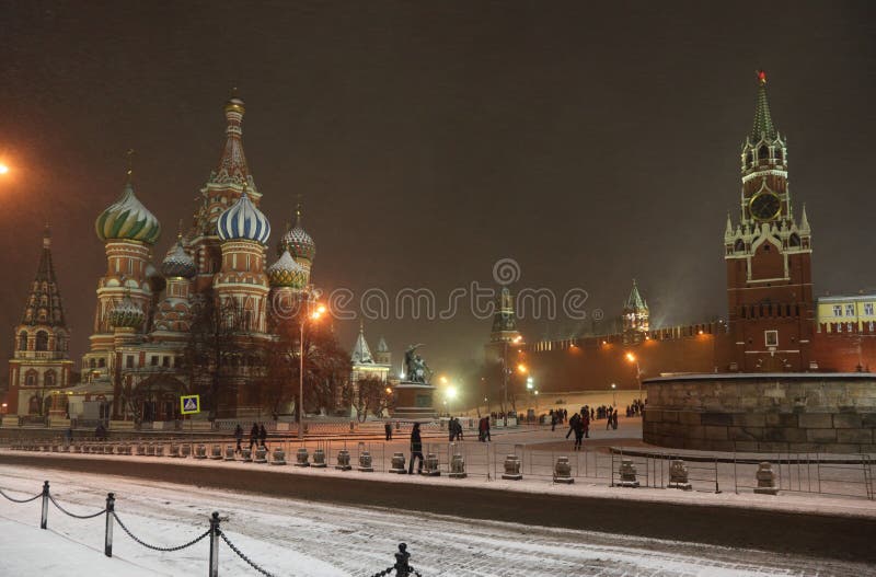 Kremlin in snowfall at night in Moscow
