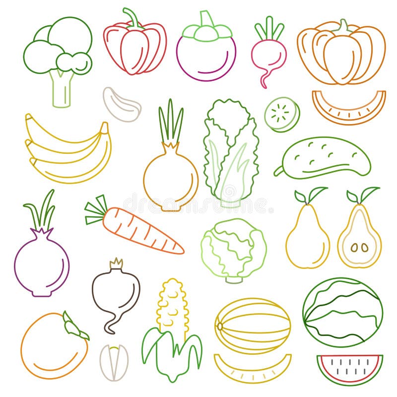 Line art flat graphical style high quality fruit vegetable icon set. Pumpkin pepper corn carrots melon peas. World of lineart collection. Line art flat graphical style high quality fruit vegetable icon set. Pumpkin pepper corn carrots melon peas. World of lineart collection.