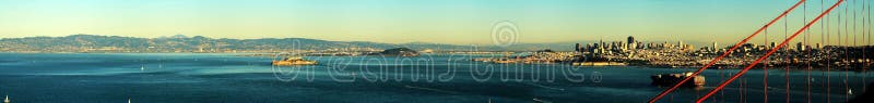 The panorama shows the amazing sky line of San Francisco. It includes the downtown of the SF and the Alcatraz island. The two bridges, Golden Gate Bridge and the Bay Bridge are in the picture simultaneously. The panorama shows the amazing sky line of San Francisco. It includes the downtown of the SF and the Alcatraz island. The two bridges, Golden Gate Bridge and the Bay Bridge are in the picture simultaneously.